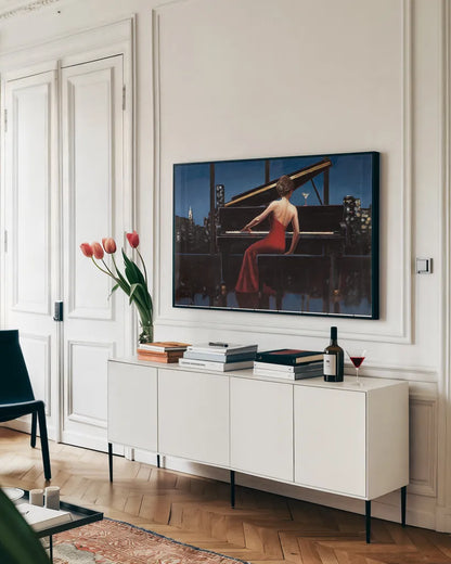 Lady in Red by Marco Fabiano. shown as a framed stretched canvas in a living room above a console. Available as a archival giclee rolled canvas, fine art paper, or poster print. SKU 12689i.