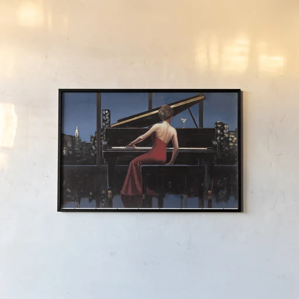 Lady in Red by Marco Fabiano. shown as a paper print in a black flame. Available as a archival giclee rolled canvas, fine art paper, or poster print. SKU 12689i.