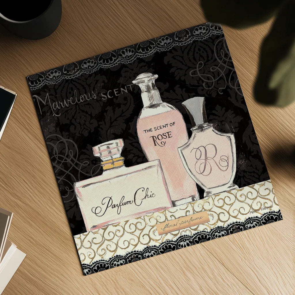 Les Parfums I by Marco Fabiano. Shown as a detailed flat fine art print, highlighting archival giclee quality. Available as an archival giclee rolled canvas, fine art paper, or poster print. SKU 13097a.