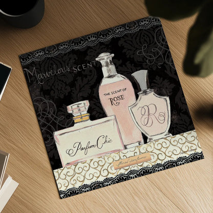 Les Parfums I by Marco Fabiano. Shown as a detailed flat fine art print, highlighting archival giclee quality. Available as an archival giclee rolled canvas, fine art paper, or poster print. SKU 13097a.