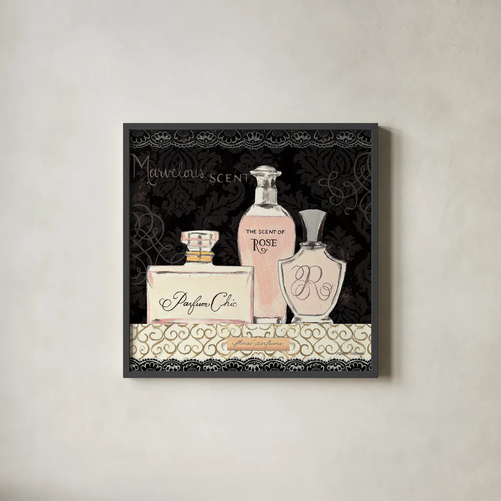 Les Parfums I by Marco Fabiano. Shown in a sleek black glass frame for a contemporary gallery look. Available as an archival giclee rolled canvas, fine art paper, or poster print. SKU 13097a.