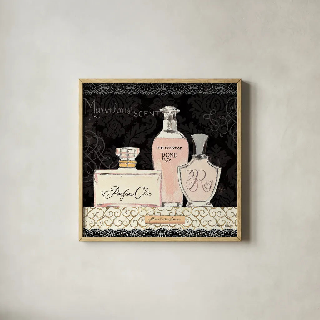 Les Parfums I by Marco Fabiano. Shown in a natural wood glass frame for a timeless modern aesthetic. Available as an archival giclee rolled canvas, fine art paper, or poster print. SKU 13097a.
