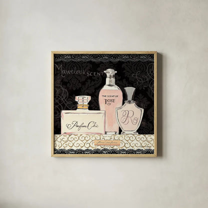 Les Parfums I by Marco Fabiano. Shown in a natural wood glass frame for a timeless modern aesthetic. Available as an archival giclee rolled canvas, fine art paper, or poster print. SKU 13097a.