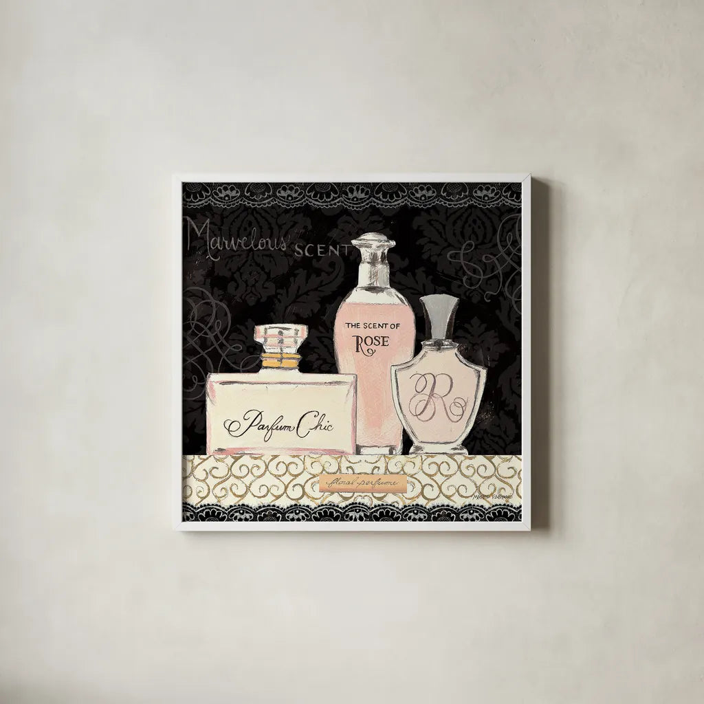 Les Parfums I by Marco Fabiano. Shown in a crisp white glass frame for a clean and minimalist style. Available as an archival giclee rolled canvas, fine art paper, or poster print. SKU 13097a.