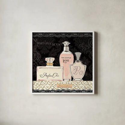 Les Parfums I by Marco Fabiano. Shown in a crisp white glass frame for a clean and minimalist style. Available as an archival giclee rolled canvas, fine art paper, or poster print. SKU 13097a.
