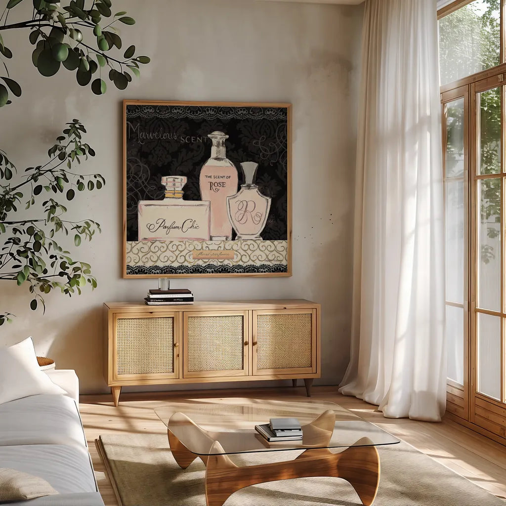 Les Parfums I by Marco Fabiano. Shown in a natural wood frame in a cozy modern living room. Available as an archival giclee rolled canvas, fine art paper, or poster print. SKU 13097a.