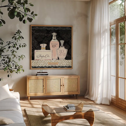 Les Parfums I by Marco Fabiano. Shown in a natural wood frame in a cozy modern living room. Available as an archival giclee rolled canvas, fine art paper, or poster print. SKU 13097a.