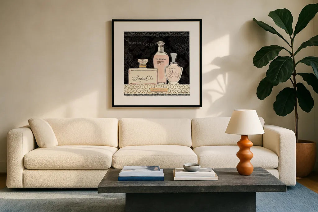 Les Parfums I by Marco Fabiano. Displayed in a glass frame with matte in a clean modern living room. Available as an archival giclee rolled canvas, fine art paper, or poster print. SKU 13097a.
