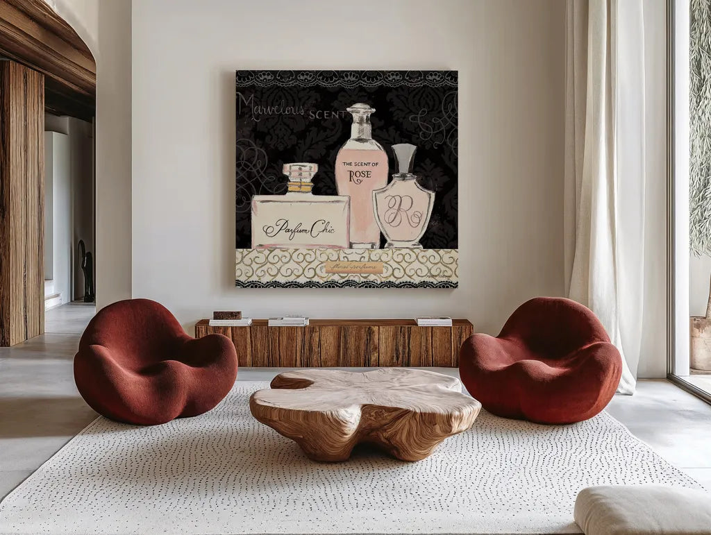 Les Parfums I by Marco Fabiano. Shown as extra-large giant wall art in a modern living room. Available as an archival giclee rolled canvas, fine art paper, or poster print. SKU 13097a.
