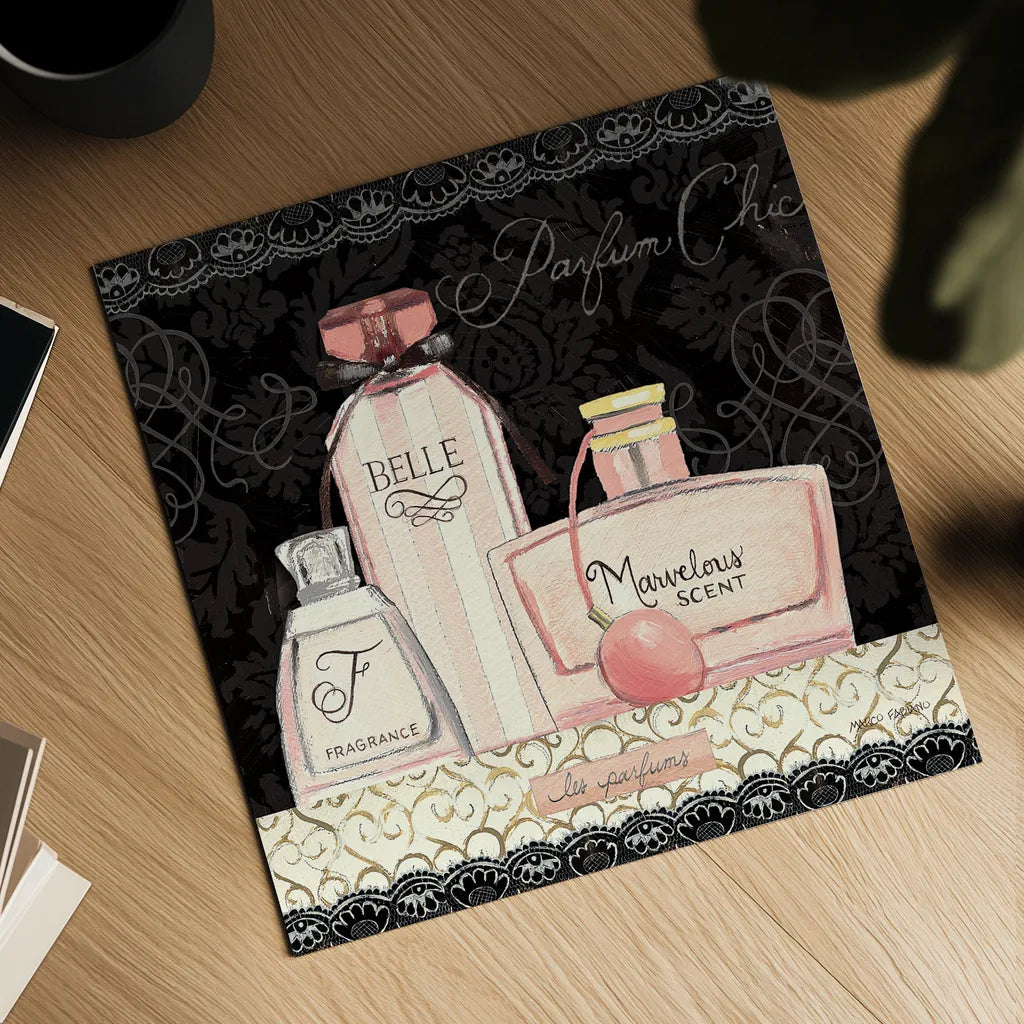 Les Parfums II by Marco Fabiano. Shown as a detailed flat fine art print, highlighting archival giclee quality. Available as an archival giclee rolled canvas, fine art paper, or poster print. SKU 13098a.