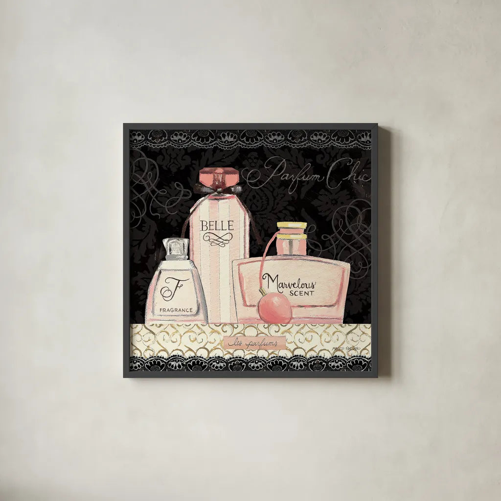 Les Parfums II by Marco Fabiano. Shown in a sleek black glass frame for a contemporary gallery look. Available as an archival giclee rolled canvas, fine art paper, or poster print. SKU 13098a.