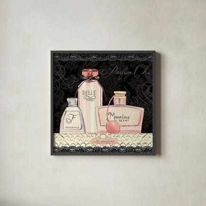 Les Parfums II by Marco Fabiano. Shown in a sleek black glass frame for a contemporary gallery look. Available as an archival giclee rolled canvas, fine art paper, or poster print. SKU 13098a.