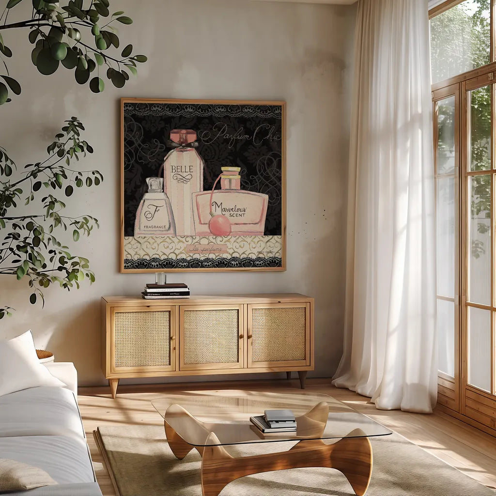 Les Parfums II by Marco Fabiano. Shown in a natural wood frame in a cozy modern living room. Available as an archival giclee rolled canvas, fine art paper, or poster print. SKU 13098a.