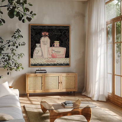 Les Parfums II by Marco Fabiano. Shown in a natural wood frame in a cozy modern living room. Available as an archival giclee rolled canvas, fine art paper, or poster print. SKU 13098a.