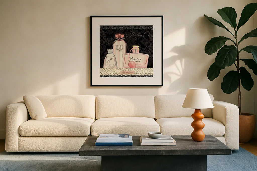 Les Parfums II by Marco Fabiano. Displayed in a glass frame with matte in a clean modern living room. Available as an archival giclee rolled canvas, fine art paper, or poster print. SKU 13098a.