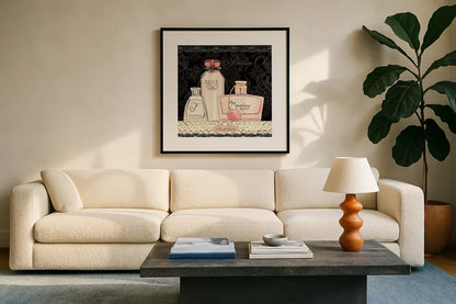 Les Parfums II by Marco Fabiano. Displayed in a glass frame with matte in a clean modern living room. Available as an archival giclee rolled canvas, fine art paper, or poster print. SKU 13098a.