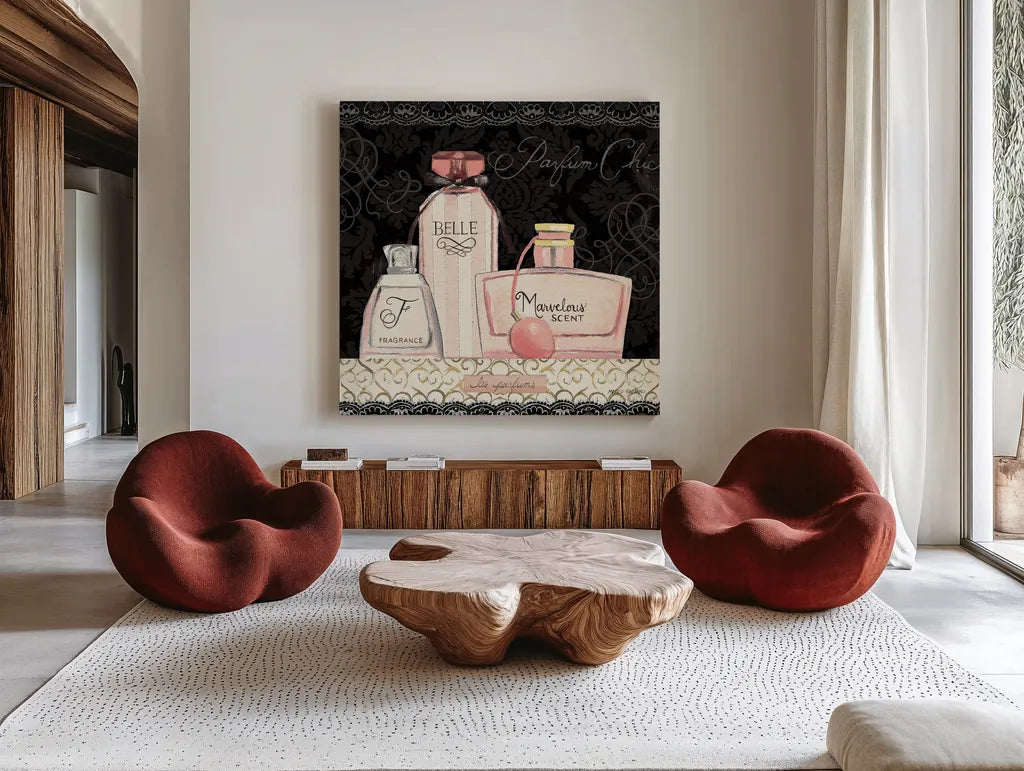 Les Parfums II by Marco Fabiano. Shown as extra-large giant wall art in a modern living room. Available as an archival giclee rolled canvas, fine art paper, or poster print. SKU 13098a.