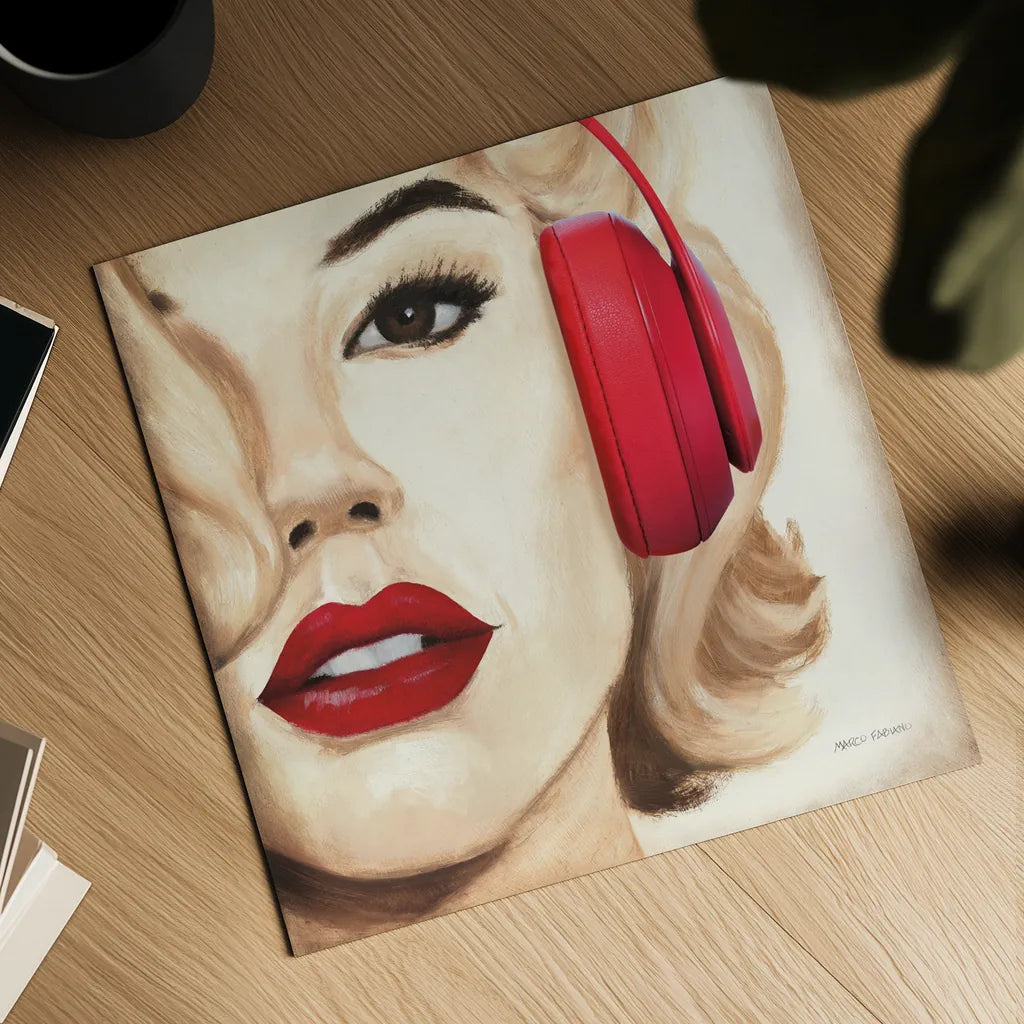 Madison Avenue Square V Headphones by Marco Fabiano. Shown as a detailed flat fine art print, highlighting archival giclee quality. Available as an archival giclee rolled canvas, fine art paper, or poster print. SKU 101928a.