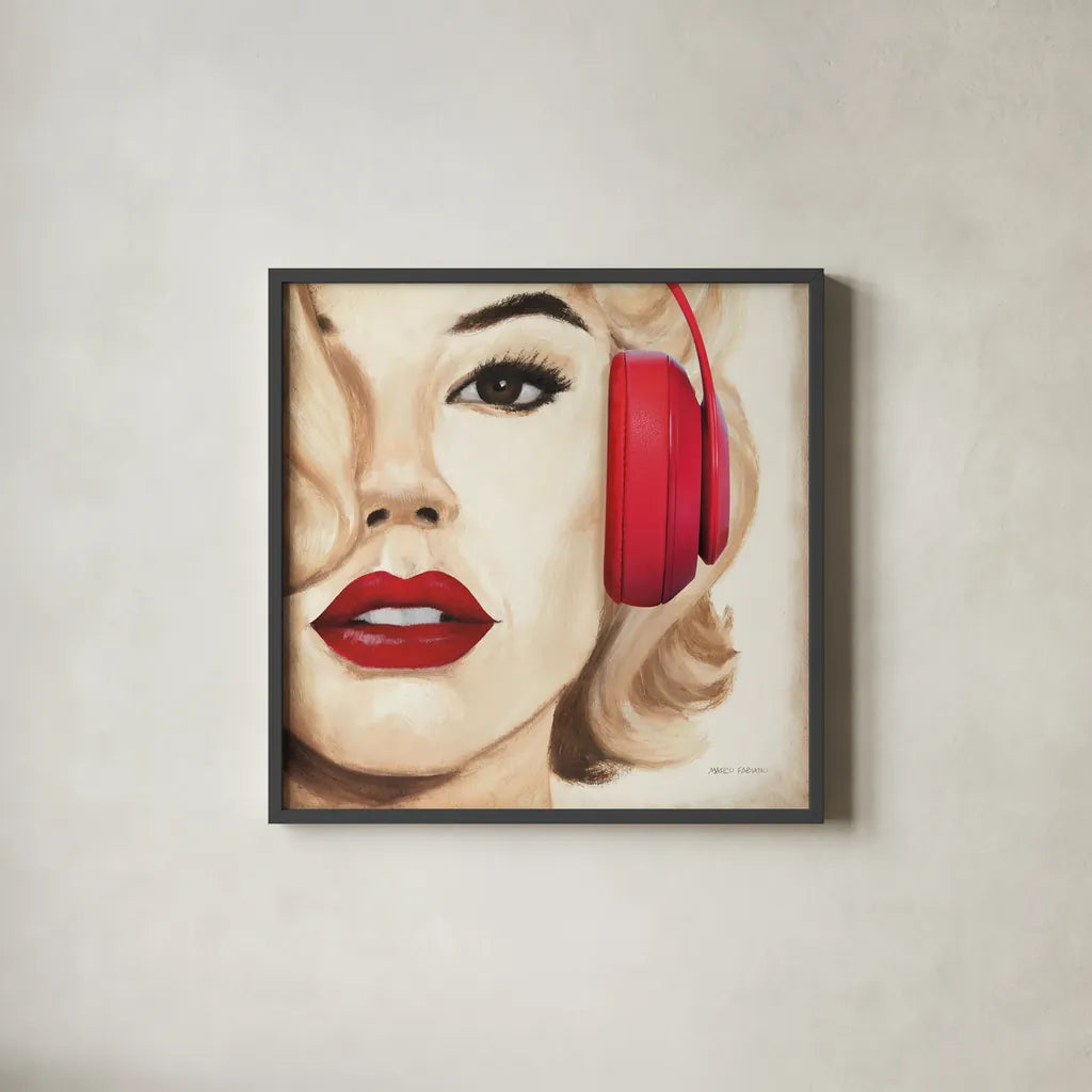 Madison Avenue Square V Headphones by Marco Fabiano. Shown in a sleek black glass frame for a contemporary gallery look. Available as an archival giclee rolled canvas, fine art paper, or poster print. SKU 101928a.