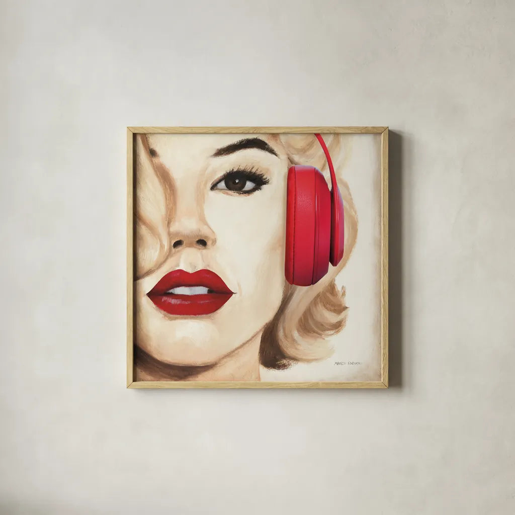 Madison Avenue Square V Headphones by Marco Fabiano. Shown in a natural wood glass frame for a timeless modern aesthetic. Available as an archival giclee rolled canvas, fine art paper, or poster print. SKU 101928a.