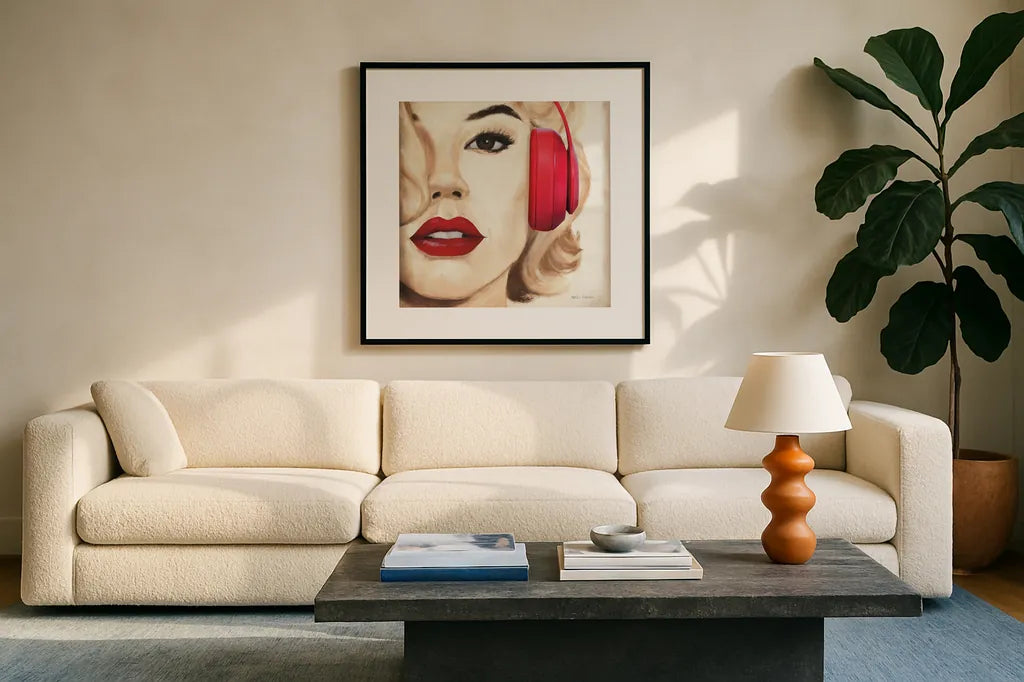Madison Avenue Square V Headphones by Marco Fabiano. Displayed in a glass frame with matte in a clean modern living room. Available as an archival giclee rolled canvas, fine art paper, or poster print. SKU 101928a.