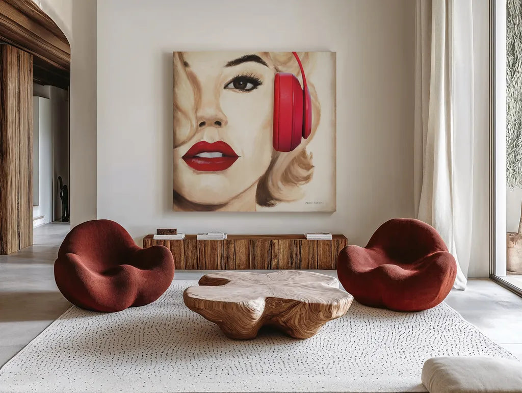 Madison Avenue Square V Headphones by Marco Fabiano. Shown as extra-large giant wall art in a modern living room. Available as an archival giclee rolled canvas, fine art paper, or poster print. SKU 101928a.