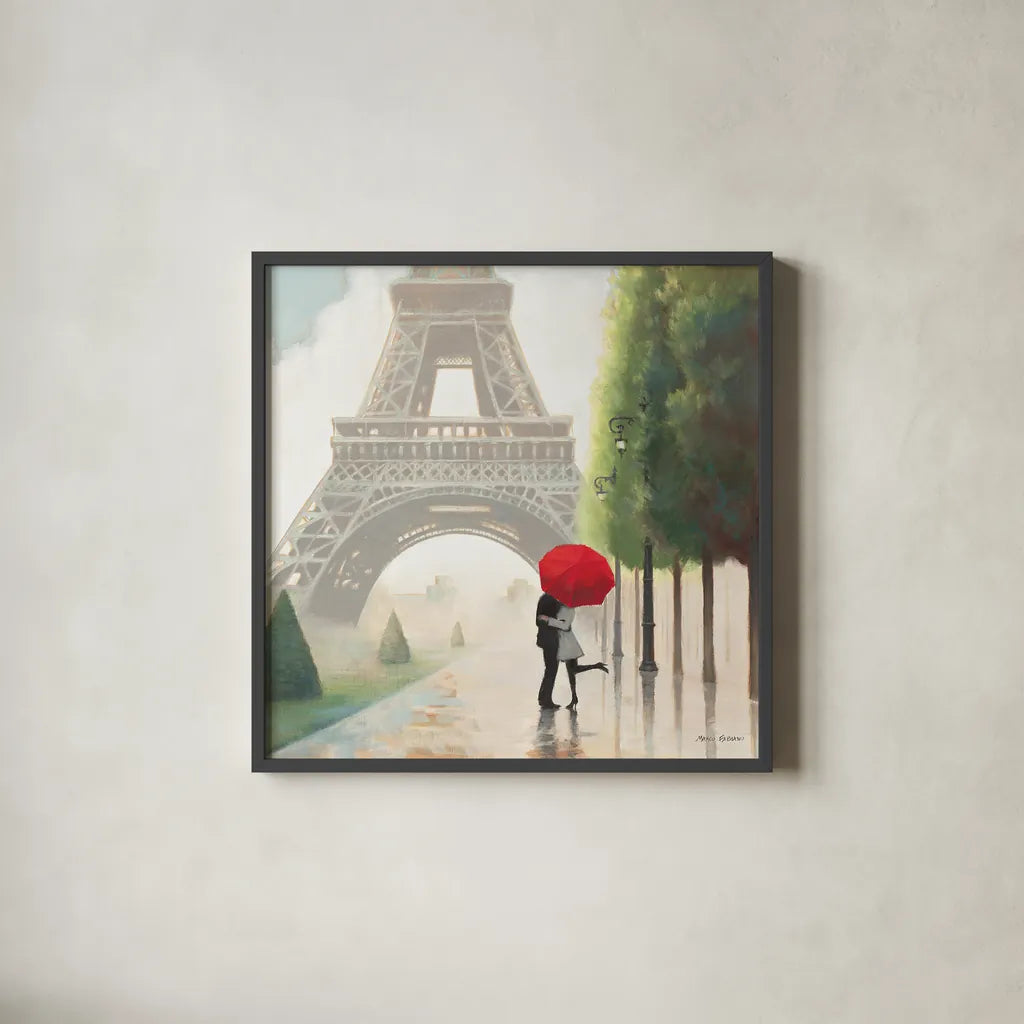 Paris Romance II by Marco Fabiano. Shown in a sleek black glass frame for a contemporary gallery look. Available as an archival giclee rolled canvas, fine art paper, or poster print. SKU 13260a.