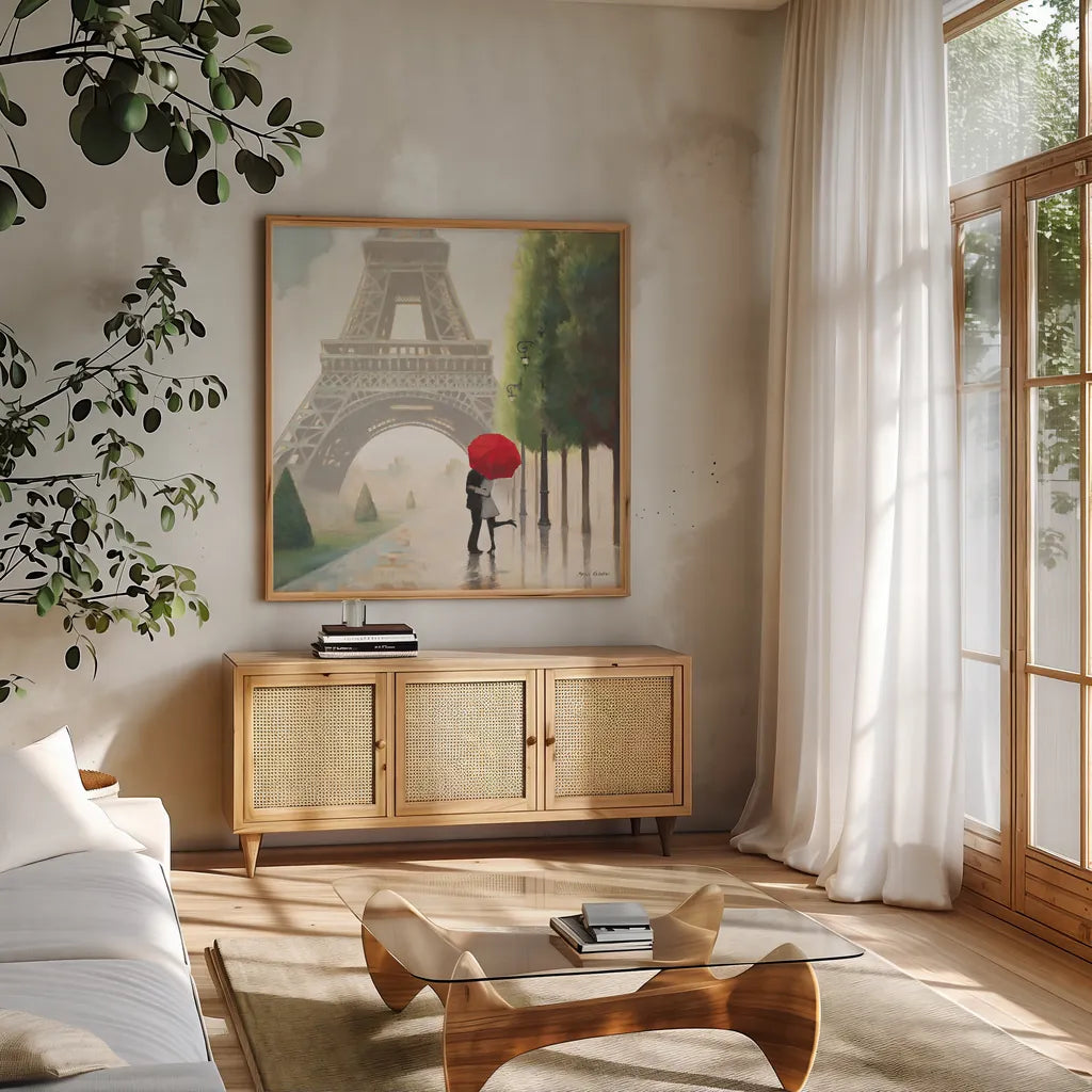 Paris Romance II by Marco Fabiano. Shown in a natural wood frame in a cozy modern living room. Available as an archival giclee rolled canvas, fine art paper, or poster print. SKU 13260a.