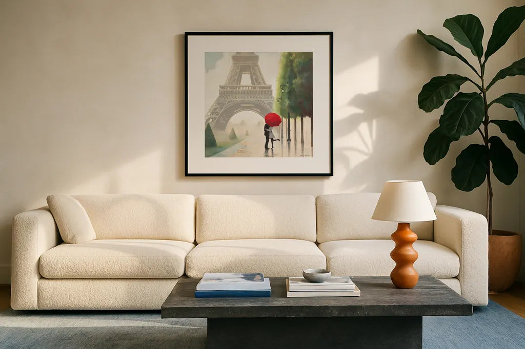 Paris Romance II by Marco Fabiano. Displayed in a glass frame with matte in a clean modern living room. Available as an archival giclee rolled canvas, fine art paper, or poster print. SKU 13260a.