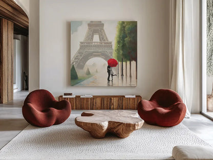 Paris Romance II by Marco Fabiano. Shown as extra-large giant wall art in a modern living room. Available as an archival giclee rolled canvas, fine art paper, or poster print. SKU 13260a.