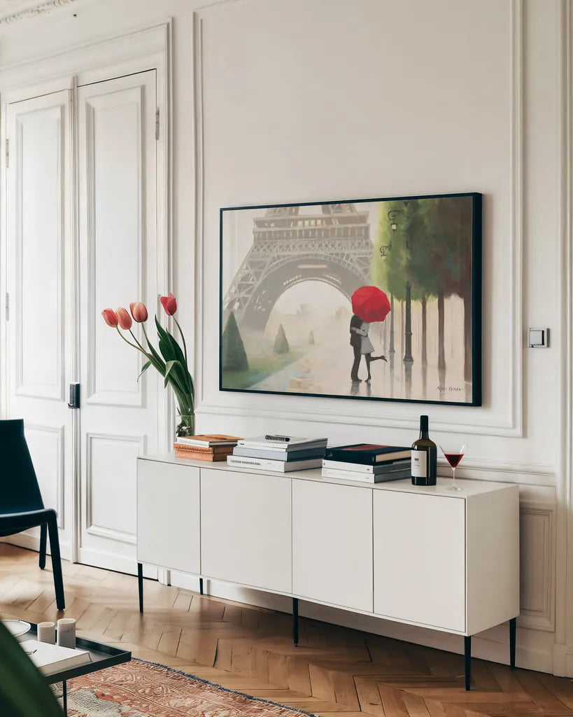 Paris Romance II Crop by Marco Fabiano. shown as a framed stretched canvas in a living room above a console. Available as a archival giclee rolled canvas, fine art paper, or poster print. SKU 13260i.