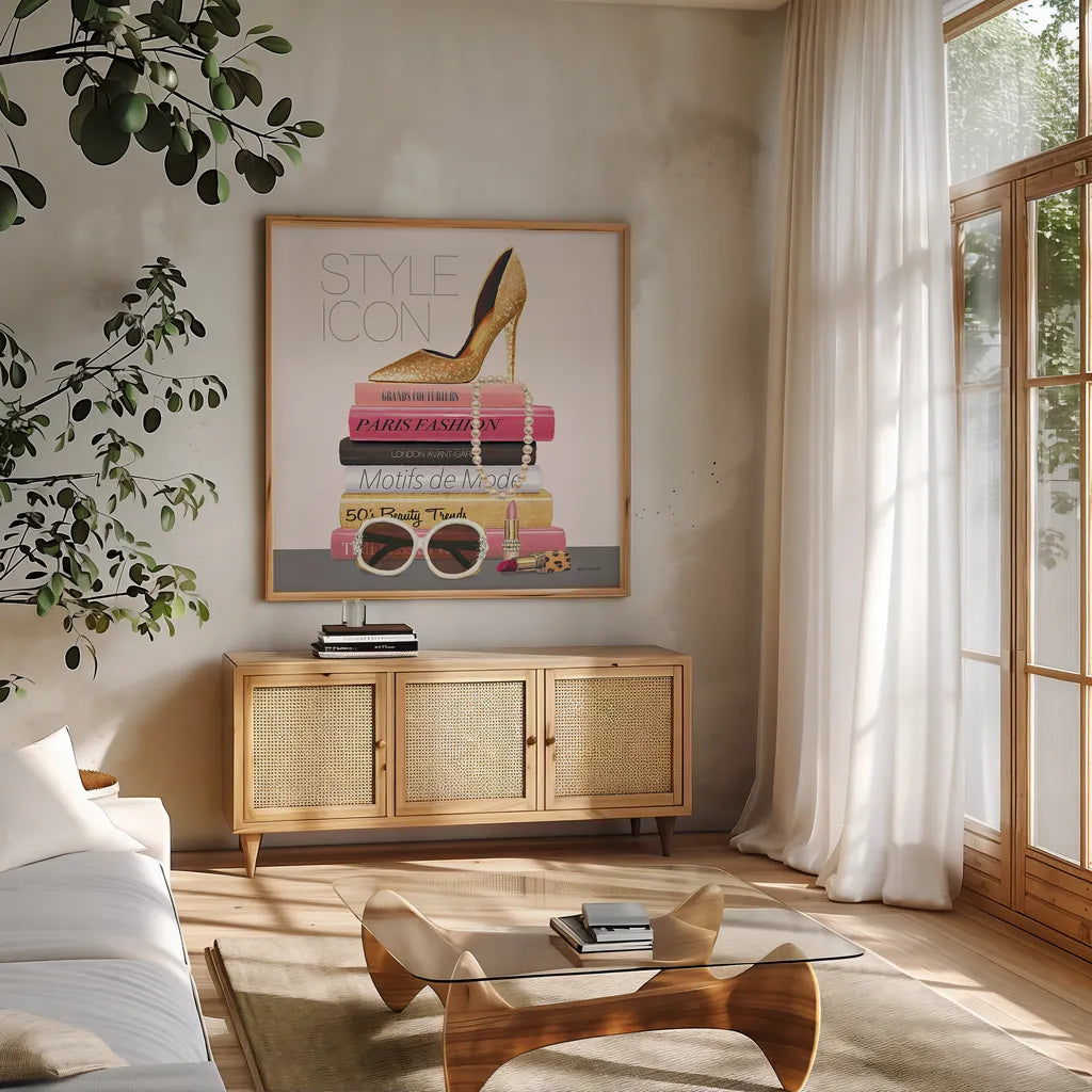 Paris Style II Sq Gold and Black by Marco Fabiano. Shown in a natural wood frame in a cozy modern living room. Available as an archival giclee rolled canvas, fine art paper, or poster print. SKU 18849a.