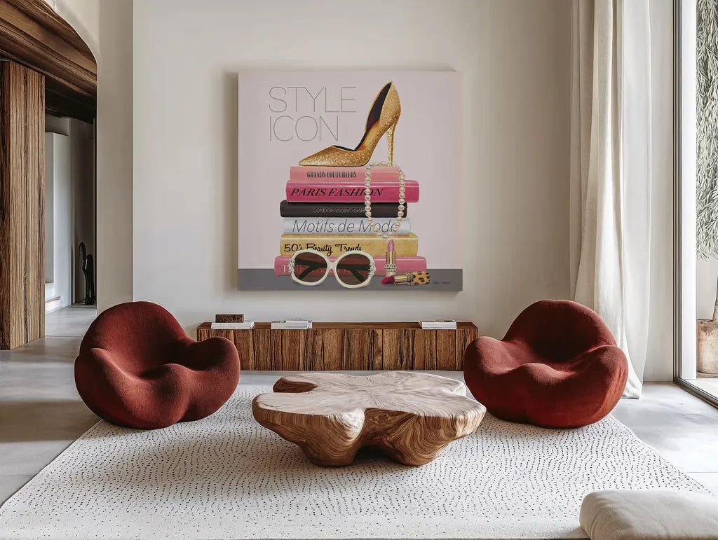 Paris Style II Sq Gold and Black by Marco Fabiano. Shown as extra-large giant wall art in a modern living room. Available as an archival giclee rolled canvas, fine art paper, or poster print. SKU 18849a.