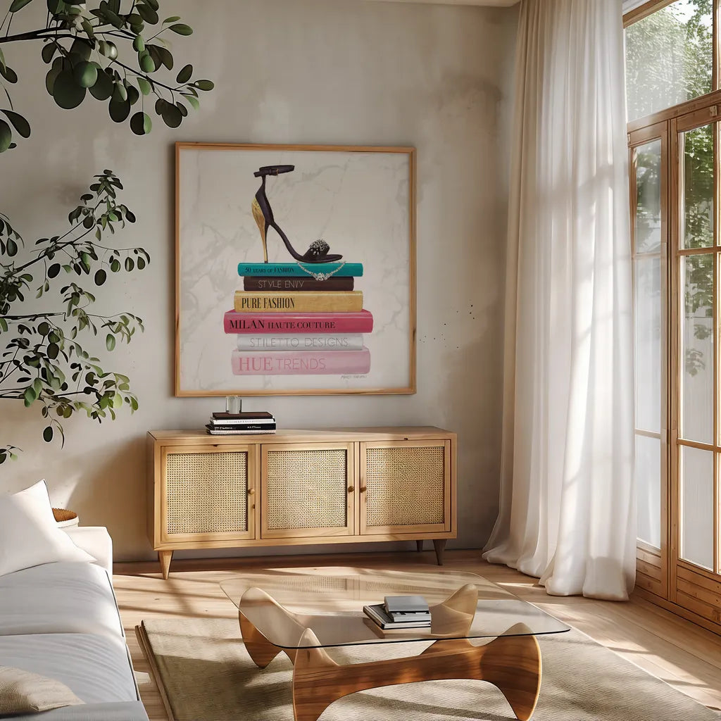 Paris Style III Marble Sq by Marco Fabiano. Shown in a natural wood frame in a cozy modern living room. Available as an archival giclee rolled canvas, fine art paper, or poster print. SKU 69130a.