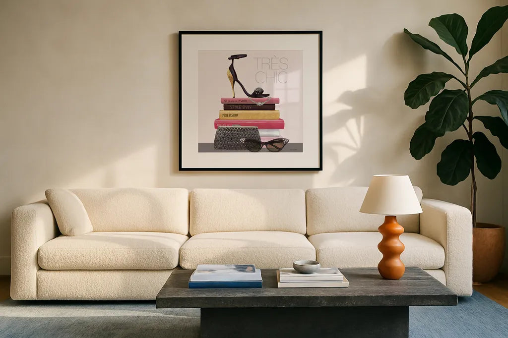 Paris Style III Sq Gold and Black by Marco Fabiano. Displayed in a glass frame with matte in a clean modern living room. Available as an archival giclee rolled canvas, fine art paper, or poster print. SKU 18850a.