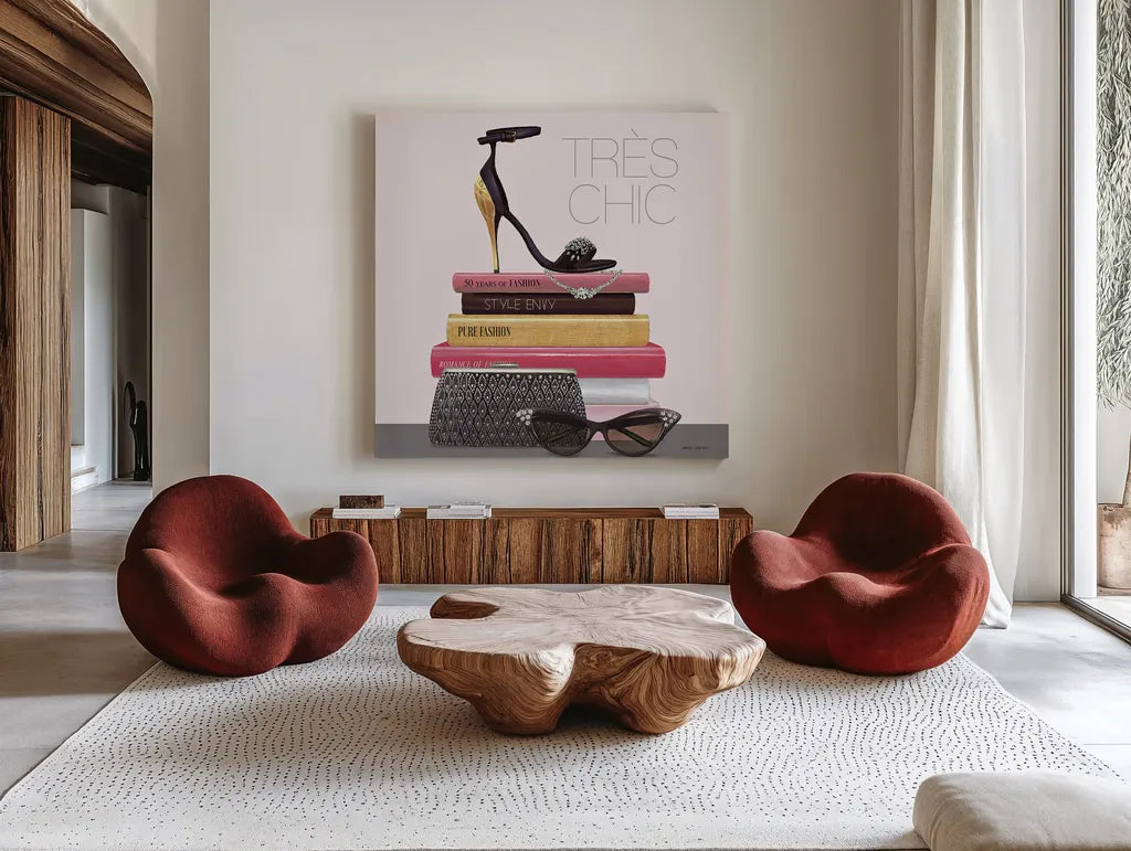 Paris Style III Sq Gold and Black by Marco Fabiano. Shown as extra-large giant wall art in a modern living room. Available as an archival giclee rolled canvas, fine art paper, or poster print. SKU 18850a.