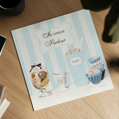 Parlour Shoppe Ice Cream Parlour Square by Marco Fabiano. Shown as a detailed flat fine art print, highlighting archival giclee quality. Available as an archival giclee rolled canvas, fine art paper, or poster print. SKU 32652a.