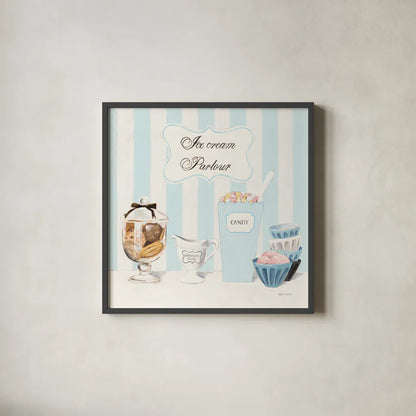 Parlour Shoppe Ice Cream Parlour Square by Marco Fabiano. Shown in a sleek black glass frame for a contemporary gallery look. Available as an archival giclee rolled canvas, fine art paper, or poster print. SKU 32652a.
