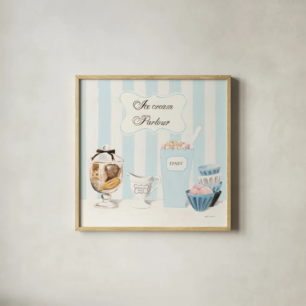 Parlour Shoppe Ice Cream Parlour Square by Marco Fabiano. Shown in a natural wood glass frame for a timeless modern aesthetic. Available as an archival giclee rolled canvas, fine art paper, or poster print. SKU 32652a.