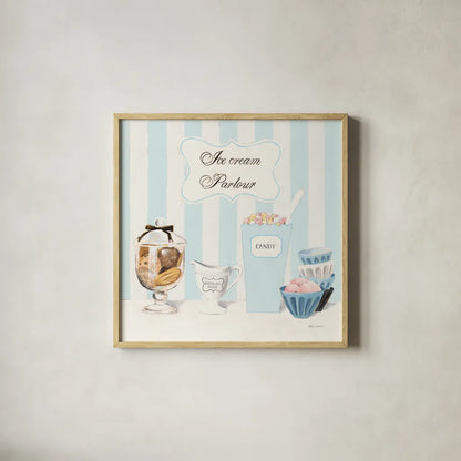 Parlour Shoppe Ice Cream Parlour Square by Marco Fabiano. Shown in a natural wood glass frame for a timeless modern aesthetic. Available as an archival giclee rolled canvas, fine art paper, or poster print. SKU 32652a.