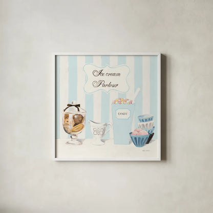 Parlour Shoppe Ice Cream Parlour Square by Marco Fabiano. Shown in a crisp white glass frame for a clean and minimalist style. Available as an archival giclee rolled canvas, fine art paper, or poster print. SKU 32652a.