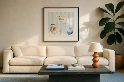 Parlour Shoppe Ice Cream Parlour Square by Marco Fabiano. Displayed in a glass frame with matte in a clean modern living room. Available as an archival giclee rolled canvas, fine art paper, or poster print. SKU 32652a.