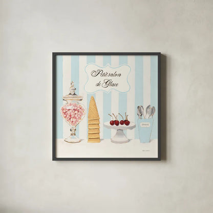 Parlour Shoppe Petit Salon de Glace Square by Marco Fabiano. Shown in a sleek black glass frame for a contemporary gallery look. Available as an archival giclee rolled canvas, fine art paper, or poster print. SKU 32649a.