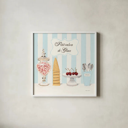 Parlour Shoppe Petit Salon de Glace Square by Marco Fabiano. Shown in a crisp white glass frame for a clean and minimalist style. Available as an archival giclee rolled canvas, fine art paper, or poster print. SKU 32649a.