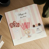 Parlour Shoppe Shoppe des Bon Bons Square by Marco Fabiano. Shown as a detailed flat fine art print, highlighting archival giclee quality. Available as an archival giclee rolled canvas, fine art paper, or poster print. SKU 32650a.
