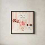 Parlour Shoppe Shoppe des Bon Bons Square by Marco Fabiano. Shown in a sleek black glass frame for a contemporary gallery look. Available as an archival giclee rolled canvas, fine art paper, or poster print. SKU 32650a.