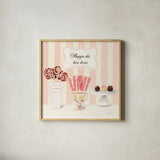 Parlour Shoppe Shoppe des Bon Bons Square by Marco Fabiano. Shown in a natural wood glass frame for a timeless modern aesthetic. Available as an archival giclee rolled canvas, fine art paper, or poster print. SKU 32650a.