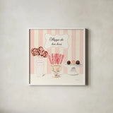 Parlour Shoppe Shoppe des Bon Bons Square by Marco Fabiano. Shown in a crisp white glass frame for a clean and minimalist style. Available as an archival giclee rolled canvas, fine art paper, or poster print. SKU 32650a.