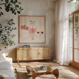 Parlour Shoppe Shoppe des Bon Bons Square by Marco Fabiano. Shown in a natural wood frame in a cozy modern living room. Available as an archival giclee rolled canvas, fine art paper, or poster print. SKU 32650a.