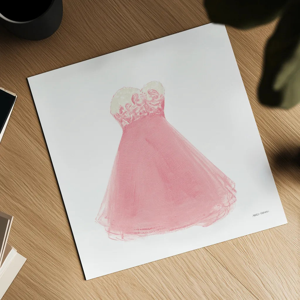 Pink Dress Fitting by Marco Fabiano. Shown as a detailed flat fine art print, highlighting archival giclee quality. Available as an archival giclee rolled canvas, fine art paper, or poster print. SKU 63199a.